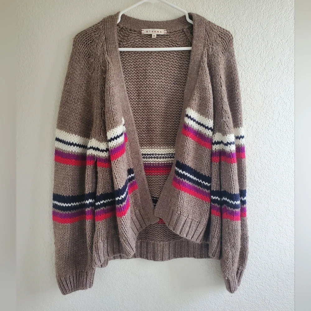 XíRENA Open‎ Cardigan Brown Striped Alpaca Blend Preppy Grampacore Boho FLAW